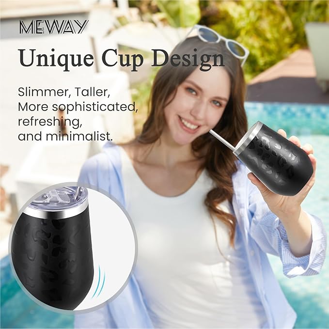MEWAY 12oz Insulated Wine Tumbler with Press-In Lid, Double Wall Vacuum Stainless Steel Travel Tumbler with Straw, for Coffee and Drinks, Gift for Woman Under 10 dollars(Black Leopard,Set of 4)