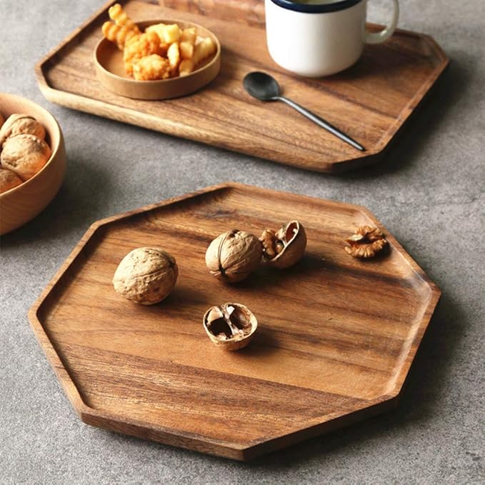 Set of 2 Acacia Wood Charcuterie Boards Round Wooden Serving Tray Fruit Platter Decor Trays Serving Ware Food Dish Serving Platters Christmas Cheese Board Square Party Trays Plate Hosting Essentials