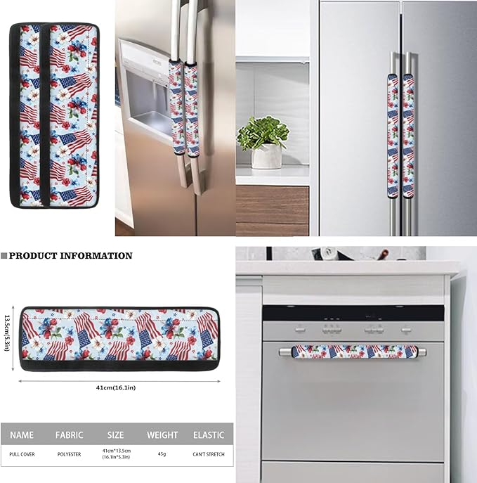 American Flag Hibiscus Flowers 6 Pcs Refrigerator Door Handle Covers for July 4th Independence Day Decor Kitchen Appliance Fridge Dishwashers Microwave Door Handle Protector Covers