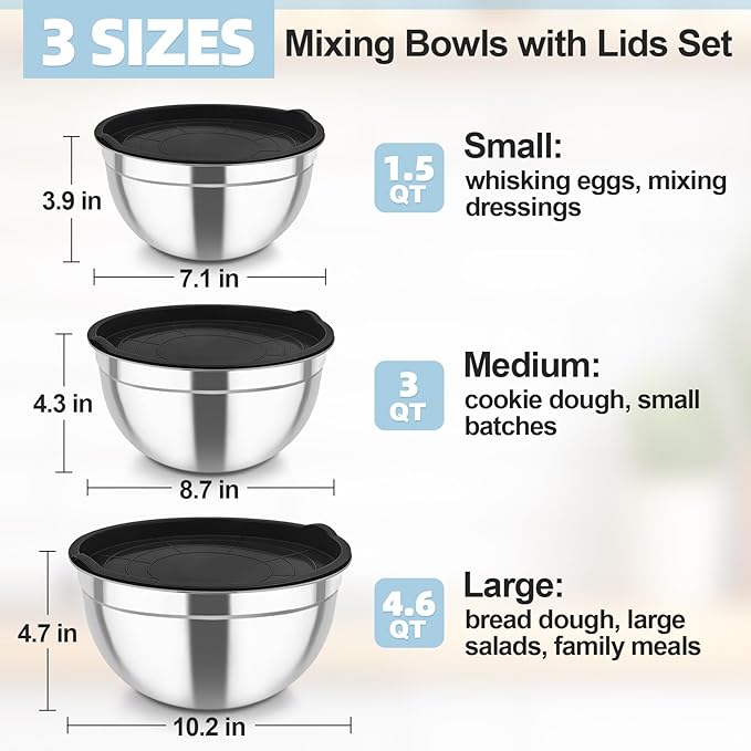 TeamFar Mixing Bowls, Stainless Steel Nesting Salad Bowls with Airtight Lids Set, For Serving/Mixing/Storing, Healthy & Long-lasting, Dishwasher Safe & Easy Clean, 4.6/3 / 1.5 QT, Black