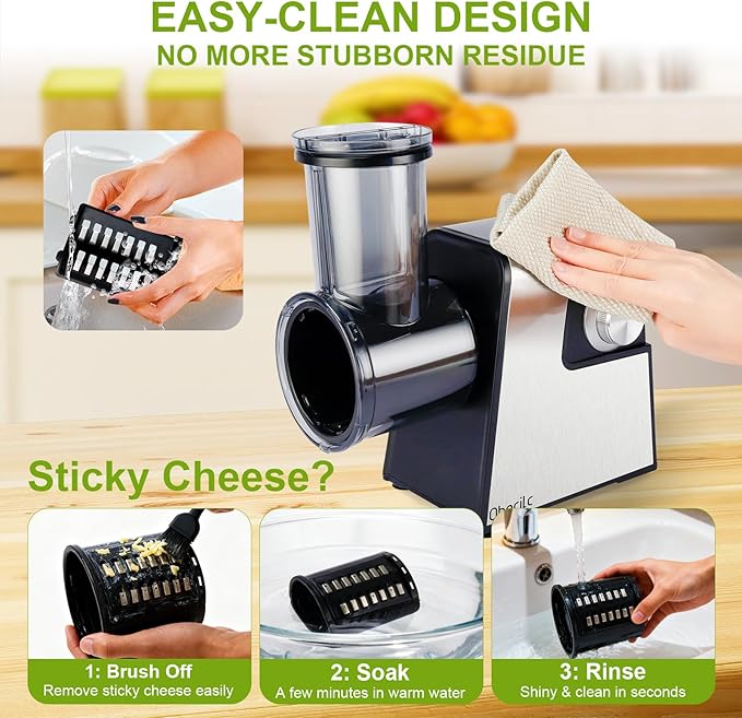 Upgraded 300W Electric Cheese Grater with 7 Stainless Steel Blades, Cheese Shredder Electric for Slicing, Shredding & Grinding Vegetables, Fruits and Nuts,Easy One-Touch Control