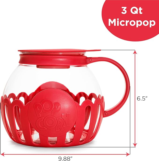 Ecolution Patented Micro-Pop Microwave Popcorn Popper with Temperature Safe Glass, 3-in-1 Lid Measures Kernels and Melts Butter, Made Without BPA, Dishwasher Safe, 3-Quart, Red