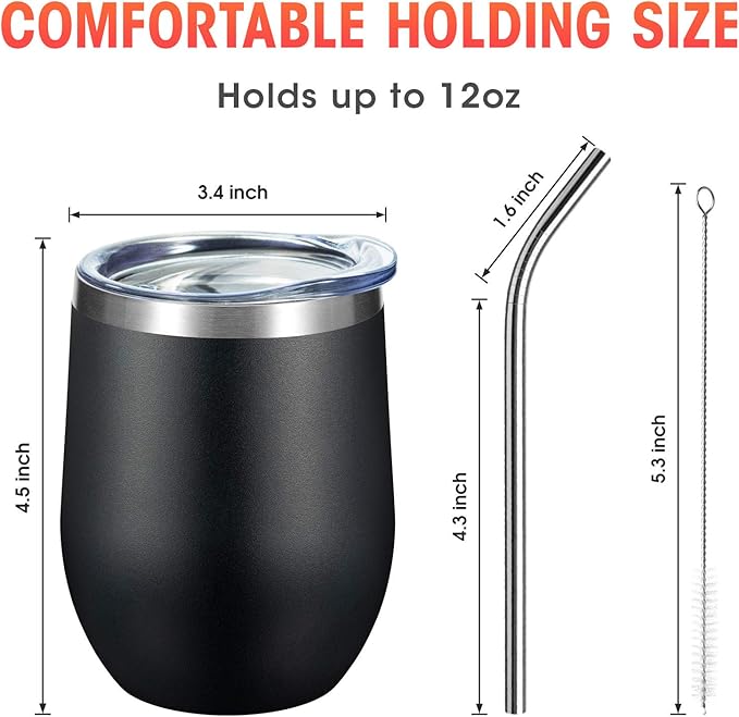 COMOOO Stainless Steel Wine Tumbler with Lid and Straw 12oz Double Wall Vacuum Insulated Travel Tumbler Cup for Coffee, Wine, Cocktails, Champagne (Black White Silver and Rose Gold, 16 Pack)