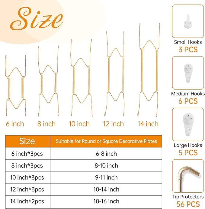 Bilillo 14 Pieces Plate Hangers for Wall - 6/8/10/12/14 Inch Invisible Plates Hanger, Stainless Steel Plate Holders with 14 Pieces Wall Hooks for 5.5 to 16 Inch Decorative Plates and Arts