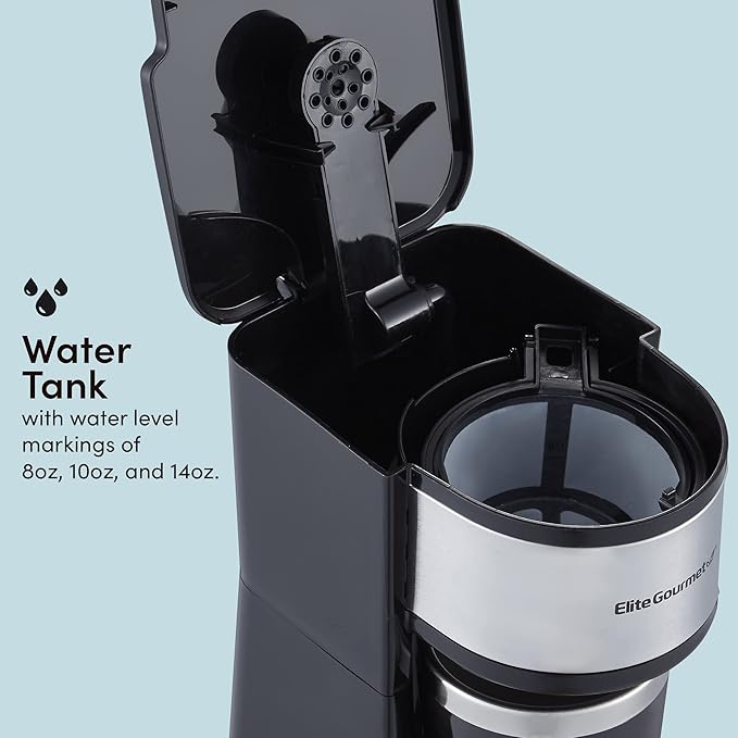 Elite Gourmet EHC-112B Personal Single-Serve Compact Coffee Maker Brewer Includes 14Oz. Thermal Travel Mug with Stainless Steel Interior, Compatible with Coffee Grounds, Reusable Filter, Black