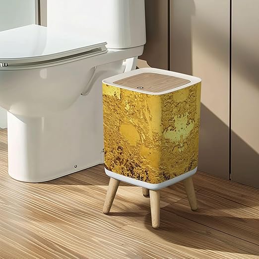 Small Trash Can with Lid Gold texture for cover cards flyers poster Bronze old paint Golden Wastebasket with Press Cover Dog Proof Garbage Can Waste Bin for Kitchen Bathroom Nursery 2.6 Gallon