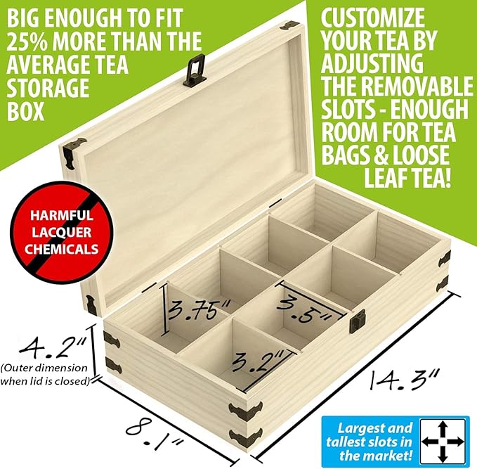 Large Wooden Tea Organizer Box, Big 14" Pine Storage Chest | 8-Slot Tall, Adjustable Shelves | 100% Handmade Craft Eco-Friendly Natural Décor