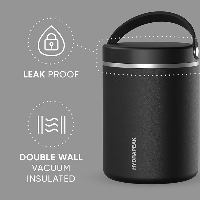 Hydrapeak 32oz Stainless Steel Vacuum Insulated Food Jar for Hot Food and Cold Food, Wide Mouth Leak-Proof Soup Jar for Adults, 10 Hours Hot and 16 Hours Cold (Black)