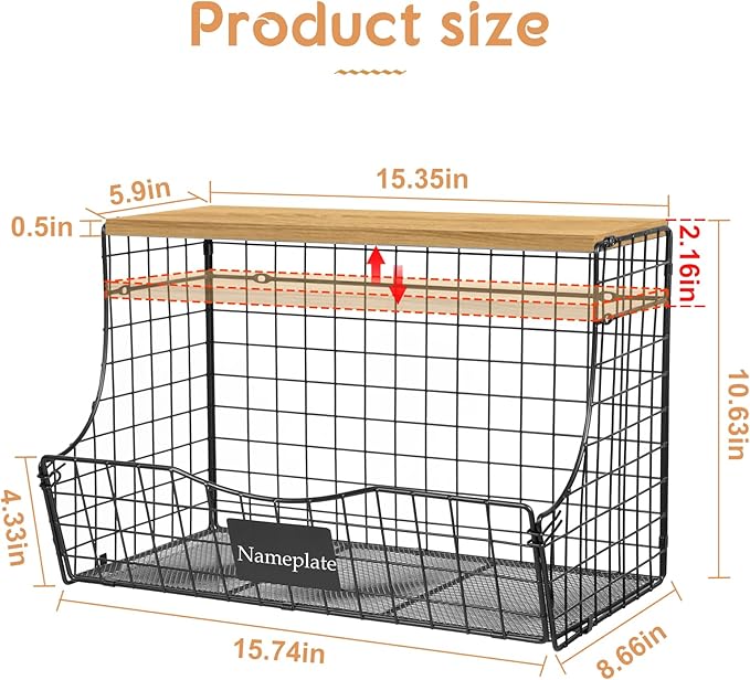 3 Pack Extra Large Fruit Basket for Kitchen with Wood Lid Nameplate - Counter&Wall Mounted Onion and Potato Storage Bin, Stackable Metal Hanging Wire Baskets,15.74 * 8.66 * 10.63 inch