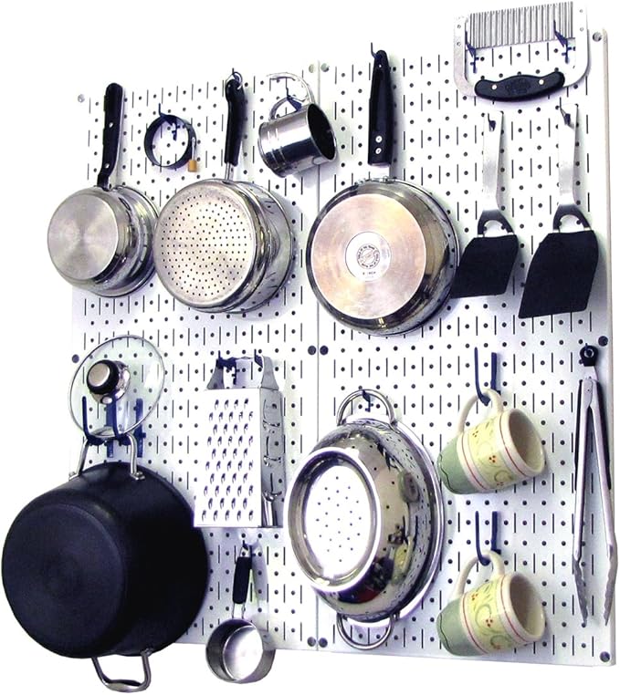 Wall Control Kitchen Pegboard Organizer Pots and Pans Storage Rack Organization Kit with White Pegboard and Blue Accessories