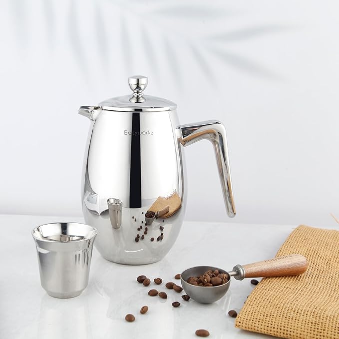 Easyworkz Nando French Press 34 oz, Bundled Gage Gooseneck Pour Over Coffee Kettle 12 oz Stainless Steel Hand Drip Long Narrow Spout, Silver