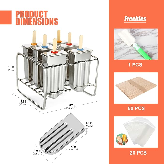 Stainless Steel Popsicle Molds, Set of 6 Ice Cream Maker, Ice Pop Molds With Holder, Metal Reusable Homemade Popsicle Molds with Sticks and Bags (Round Head, with Slot)