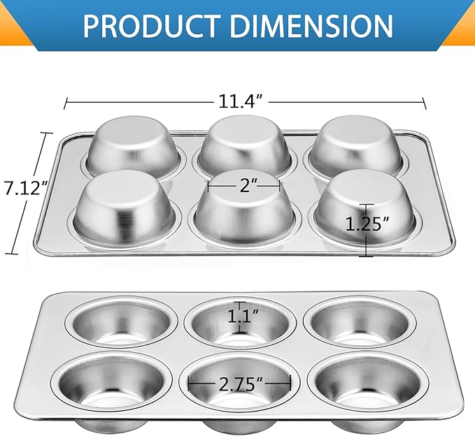 E-far Muffin Pan Set of 2, Stainless Steel Muffin Pan Tin for Baking, 6-Cup Metal Cupcake Pan Tray, Non-toxic & Healthy, Oven & Dishwasher Safe, Regular Size - 11.44 x 7.12 x 1.25 Inch