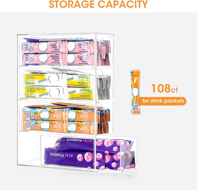 AIEVE Drink Packet Organizer, Drink Mix Holder with 4 Clear Drawers, Acrylic Water Flavor Packets Container, Kitchen Storage Organizers for Pantry Home Organization