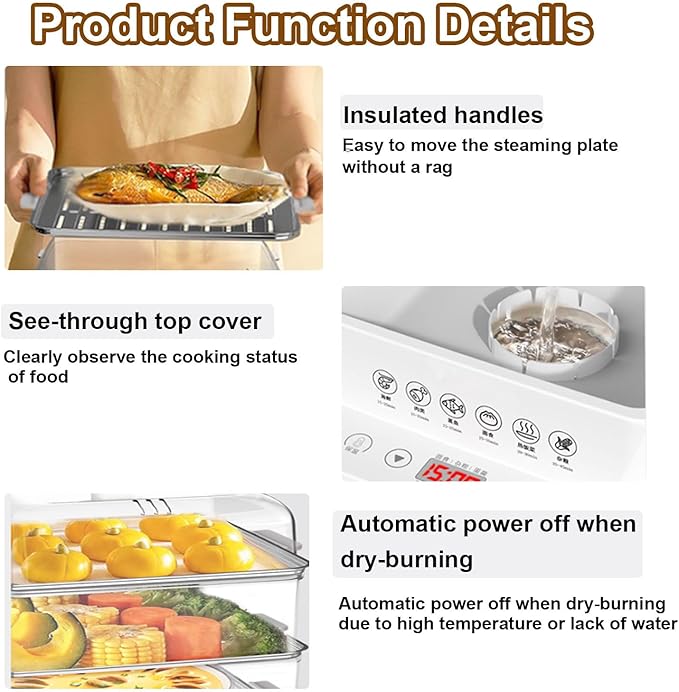 Food Steamer,40l,360° Steam Cycle Electric Steamer,with 3 Stainless Steel Steaming Plates,A Pair of Heat Insulating Gloves,12 Hour Reservation,6 Preset Modes
