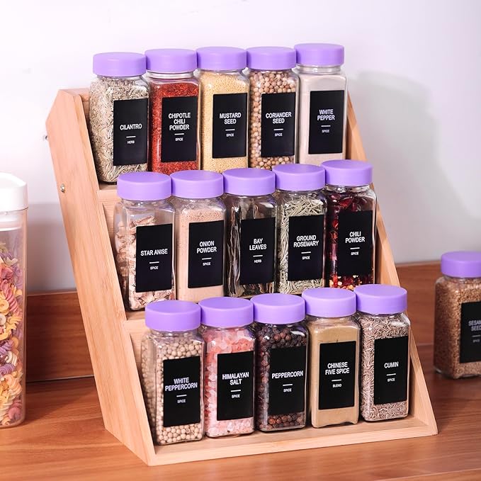 36 Glass Spice Jars with Labels, Spice Jar Set, 4oz Spice Containers, Seasoning Containers with Purple Airtight Lids and Shaker Lids, Square Empty Spice Bottles, 492 Labels, 1 Funnel