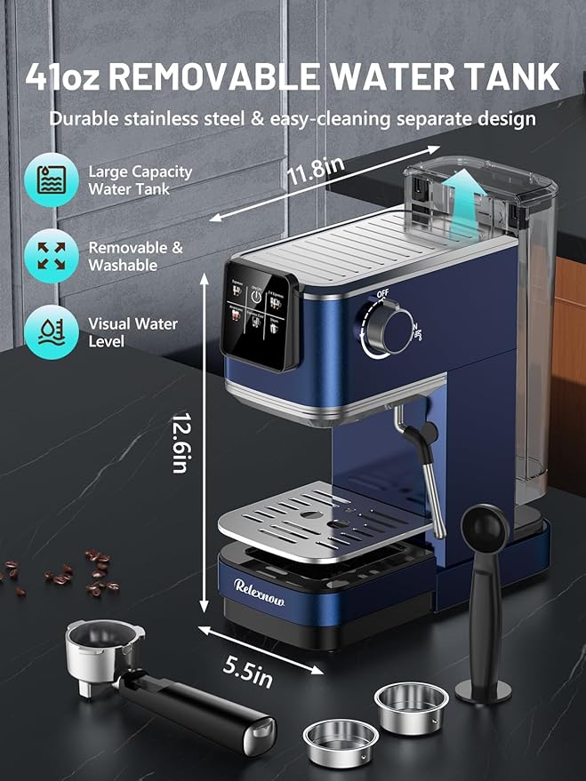 RELEXNOW Espresso Machine, 20 Bar Espresso Maker Milk Frother & LCD Panel, Hot & Iced Coffee Machine, Stainless Steel Espresso Coffee Machine with 41oz Water Tank for Cappuccino, Latte