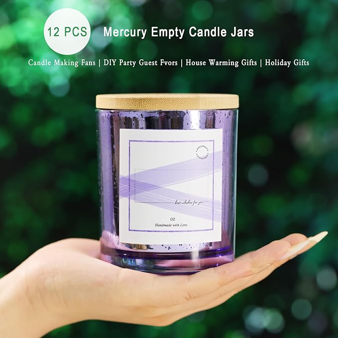LAMORGIFT 12 Pack Glass Jars with Lids (10oz, Purple) - Making Containers for Candles - Mercury Glass Jars Include 15 Pcs Labels