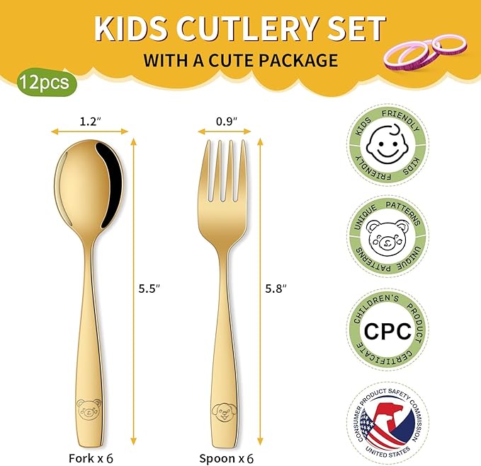 DEHOV Gold Toddler Eating Utensils Set,Set Of 12 Food Grade Stainless Steel Silverware Sets For Kids,Dishwasher Safe Children Small Metal Spoons And Forks Flatware Sets
