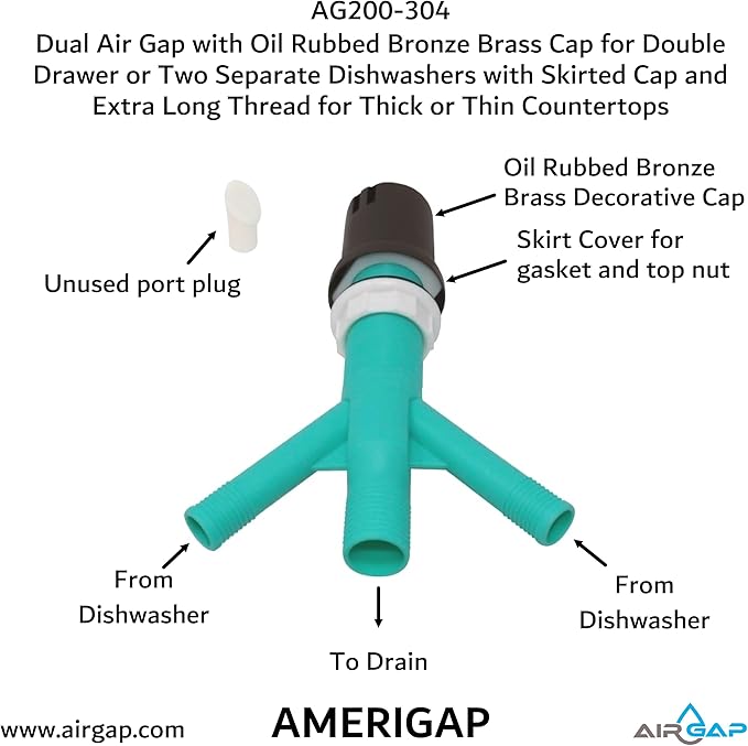 Dual Air Gap with Oil Rubbed Bronze Brass Cap for Double Drawer or Two Separate Dishwashers with Skirted Cap and Extra Long Thread for Thick or Thin Countertops (AG200-304, AG200-X04, AMERIGAP)