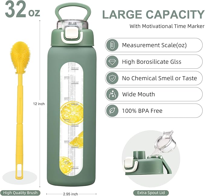 chunmo 32 oz Glass Water Bottles with 2 Lids-Handle Spout Lid & Straw Lid, 1 Liter Motivational Borosilicate Water Bottle with Time Marker and Silicone Sleeve,Leakproof-Olive-1 Pack
