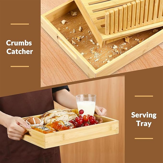 Bread Slicer For Homemade Bread, Adjustable Bamboo Bread Cutter Board, Foldable Slicing Guide With Crumb Tray, 3 Width Settings, 2 Slice Thicknesses, Artisan Loaves, Bagels, Cakes