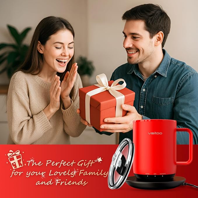 Vsitoo S3 Plus 14oz Heated Coffee Mug - Temperature Control Smart Mug with Mug Warmer, Auto-Sensing AI Heats Drinks to 120-150°F Hands-Free.Ideal for Home/Office/Gifts，Red