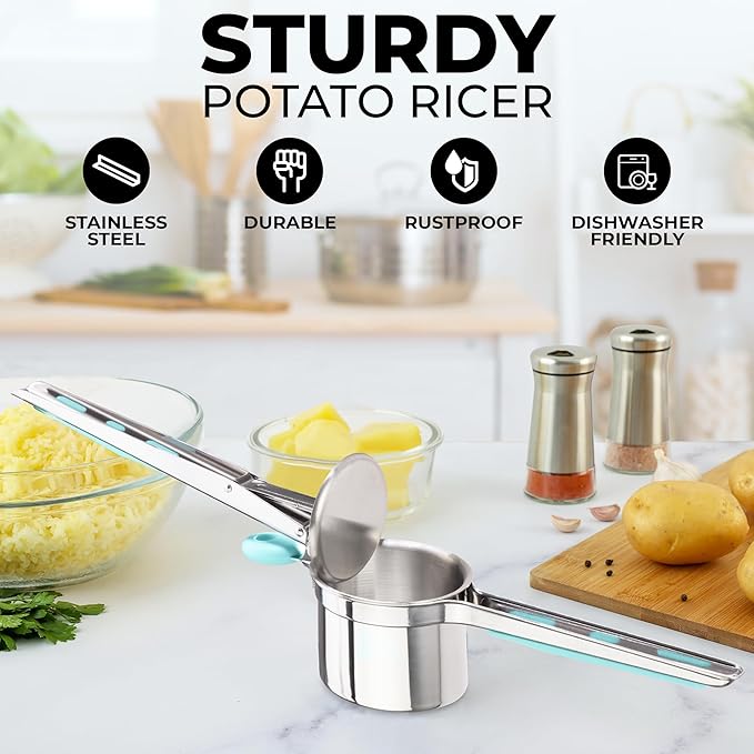 Zulay Kitchen Premium Large 15oz Potato Ricer, Heavy Duty Professional Stainless Steel Potato Masher and Ricer Kitchen Tool, Press and Mash Kitchen Gadget - Turquoise
