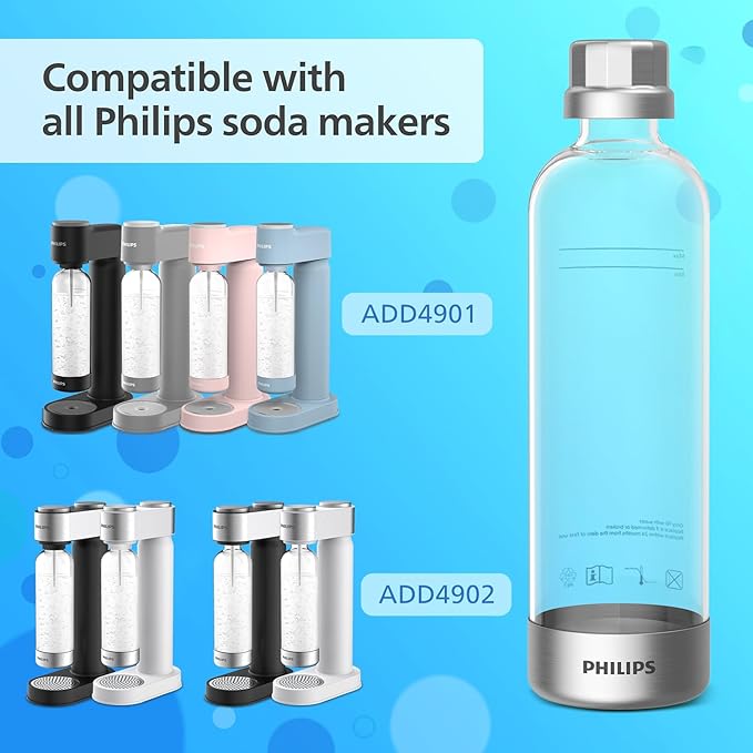 PHILIPS Carbonating Bottles ADD916/37, 1L Twin Pack Reusable PET Sparkling Water Bottles Compatible Sparkling Water Maker, 2 Pack for ADD4902BKOQ/37, ADD4902WHOQ/37 and ADD4901GROQ/37, ADD4901BKOQ/37