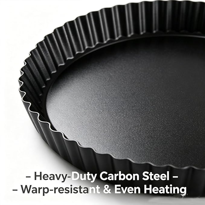 10 Inch Nonstick Tart Pan with Removable Bottom, Carbon Steel Quiche and Pie Pan- 1.1-Inch Depth, Fluted Edges for Baking Tarts, Quiches, Mousse Cakes, and Desserts
