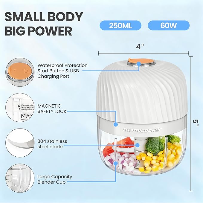 Electric Garlic Chopper, Mini Portable Veggie Chopper, 250ML Garlic Grinder Masher Onion Grinder, Blender to Vegetable, Wireless Food Processor for Ginger, Chili, Fruit, Meat, etc