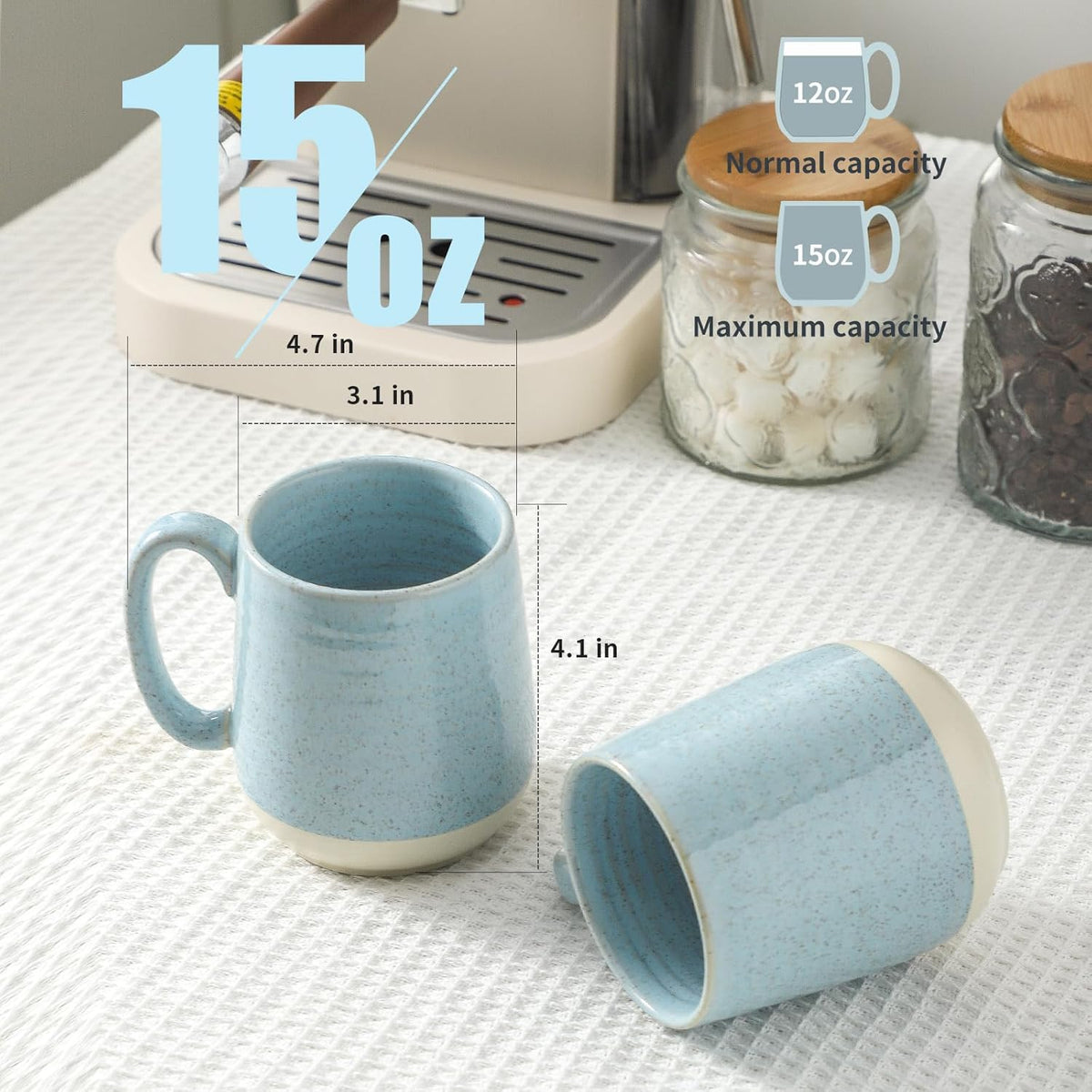 Hasense Ceramic Coffee Mugs Set of 4, 15 Oz Coffee Cup with Handle for Women and Men, Modern Large Latte Mugs for Cappuccino, Tea, Cocoa, Microwave Dishwasher Safe, Mother's Day Gifts, Light Blue