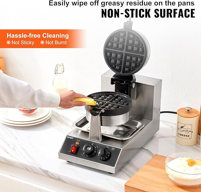 VEVOR Commercial Waffle Maker, 1 Piece per Batch, 1300W Round Waffle Iron, Non-Stick Waffle Baker Machine with 122-572℉ / 50-300℃ Temp Range Teflon-Coated Baking Pans Stainless Steel Body, 120V