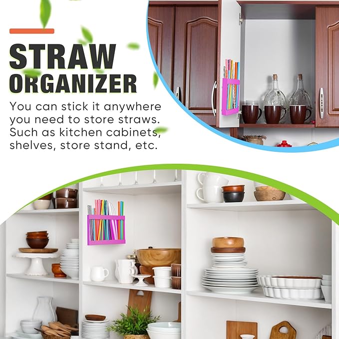 Qinyoung Acrylic Straw Holder for Cabinet Door with Double Sided Adhesive Tape Reusable Straw Organizer Tumbler Storage Kitchen Accessories Container for Counter Cupboard(Classic,Large,Hot Pink)