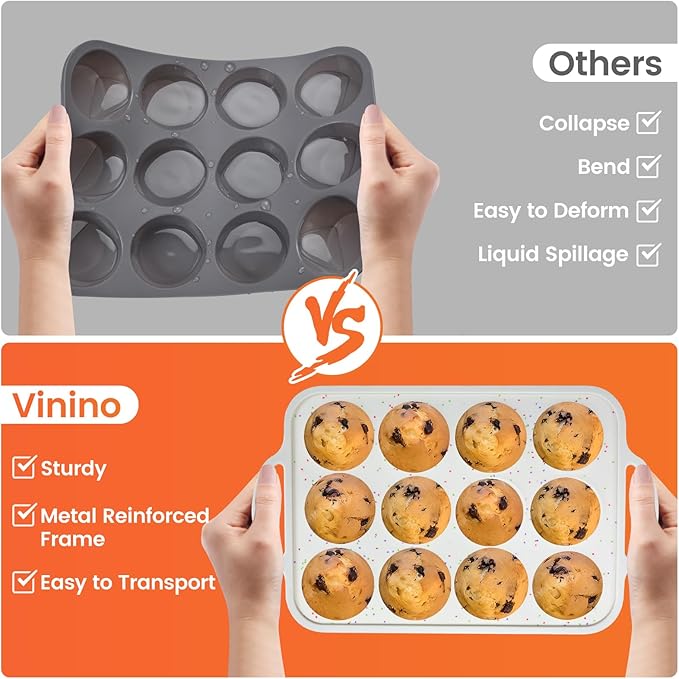 Vinino 2Pack Silicone Muffin Pan for Baking with Metal Reinforced Frame, 12 Cup Regular Size Cupcake Pan, BPA Free Silicone Muffin Tray, Cupcake Baking Pan Bite Molds for Oven Dishwasher Safe
