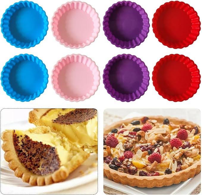 Silicone Quiche Pan, 8 Pack Silicone Tart and Pie Molds, Round 4 Inch Non-stick Mini Quiche Molds Small Pie Baking Pan Tart Molds DIY Baking Pies/Tarts/Mousse Cakes, Random Color