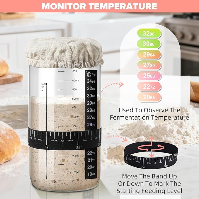 RYTOXILO Sourdough Starter Kit, 15 Pcs Sour Dough Bread Baking Supplies for Beginners with 24 Oz Glass Starter Jar, Complete Bread Making Set with Silicone Banneton Proofing Basket, Baking Accessory