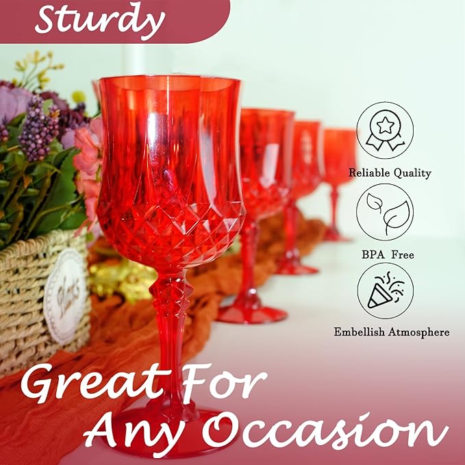 Plastic Wine Glasses, Plastic Goblets Vintage Style Cordial Unbreakable Drinking Glasses, Reusable Drinkware for Wedding Reception, Grand Event Party Supplies,Mother's Day (48, Red)