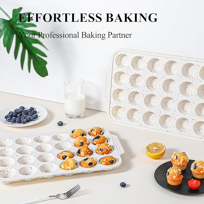 Vinino 2-Pack Silicone Mini Muffin Pan for Baking, 24 Cup Mini Cupcake Pan with Metal Reinforced Frame, Nonstick Muffin Tray with Non-Slip Handle, Silicone Molds for Oven, BPA Free, Dishwasher Safe