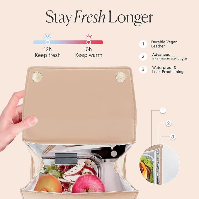 Beige Tan Medium Insulated Lunch Bag for Women for Work, Aesthetic Lunch Boxes and Classy Tote Bag Purse with Strap, Professional Ladies Lunch Bags, Chic Lunch Box for Women, the Office and Workplace