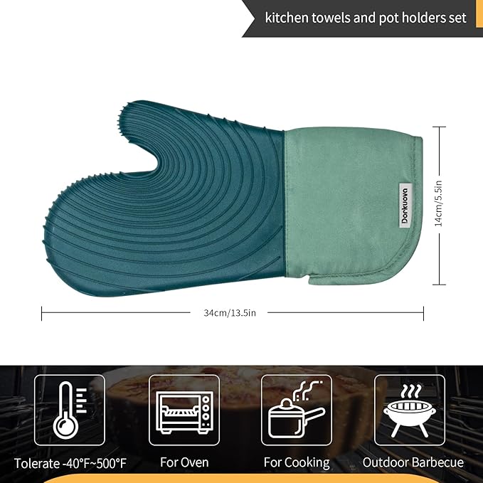 Silicone Oven Mitt Pack,Cotton Lined Gloves, BPA-Free, Long Cooking Mitts and Trivet Mats, Silicone Grilling Gloves for BBQ, 2 Pieces, (Green)
