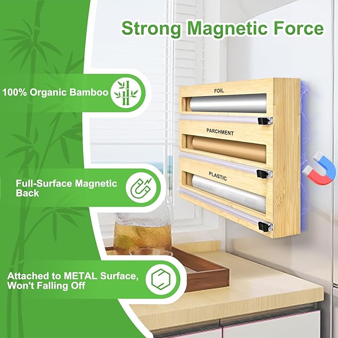 Magnetic Plastic Wrap Dispenser with Cutter, 3 in 1 Refrigerator Bamboo Organizer for Tin Foil, Baking Paper, Wax Paper Holder Kitchen Storage Box Compatible
