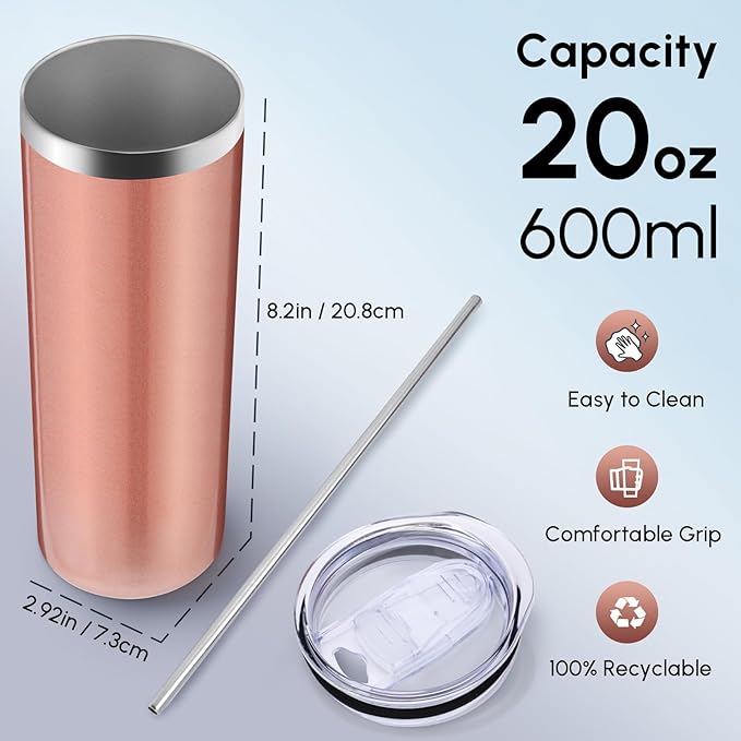Volhoply 20 oz Skinny Tumbler with Lid and Straw, Stainless Steel Straight Tumblers Cup, Vacuum Insulated Coffee Mug for Home, Office, Travel, DIY (Rose Gold,1 Pack)