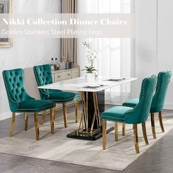 Velvet Dining Chairs Set of 6, Upholstered Dining Room Chairs with Back Ring Pull Trim and Golden Stainless Steel Legs,Modern Kitchen Chairs Perfect for Dining Room,Living Room,Kitchen(Green)