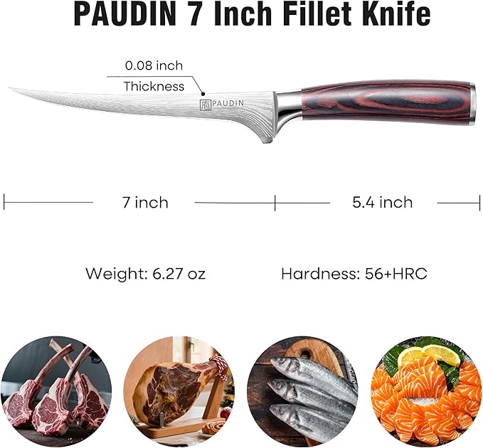 PAUDIN 7 Inch Fillet Knife – Flexible Boning Knife for Fish & Meat with Protective Sheath, Razor Sharp High Carbon Stainless Steel, Ergonomic Pakkawood Handle, Gift Box