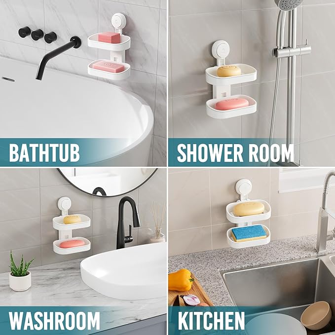 TAILI Double Layer Soap Dish & 2 Pack Suction Corner Shower Caddy, Bathroom Shelf Storage Basket Wall Mounted Organizer for Shampoo, Conditioner, Tub and Kitchen Sink, Drill-Free, Removable
