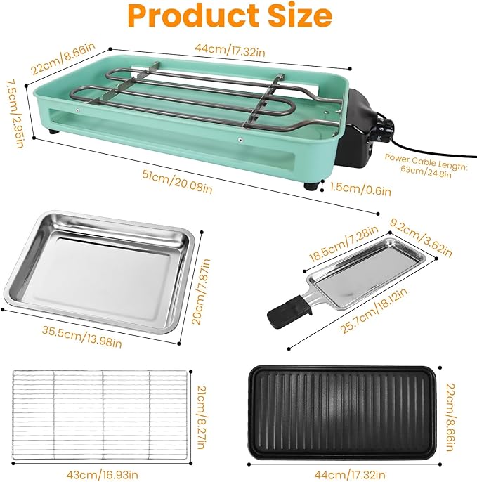 TeqHome 1500W Electric Indoor Grill,2 in 1 Smokeless Raclette Table Grill for Kitchen,Barbecue Korean BBQ Grill with Grill Net,Non-Stick Cooking Removable Plate & 5 Temperature Control，Dishwasher Safe