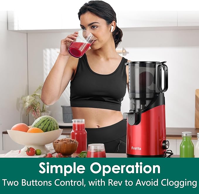 Cold Press Juicer,Fretta Juicer Machines with American-Sourced PCTG Material and 5.3" Extra Large Feed Chute,Fit Whole Fruits & Vegetables,BPA Free 250W(Red,1.8L)