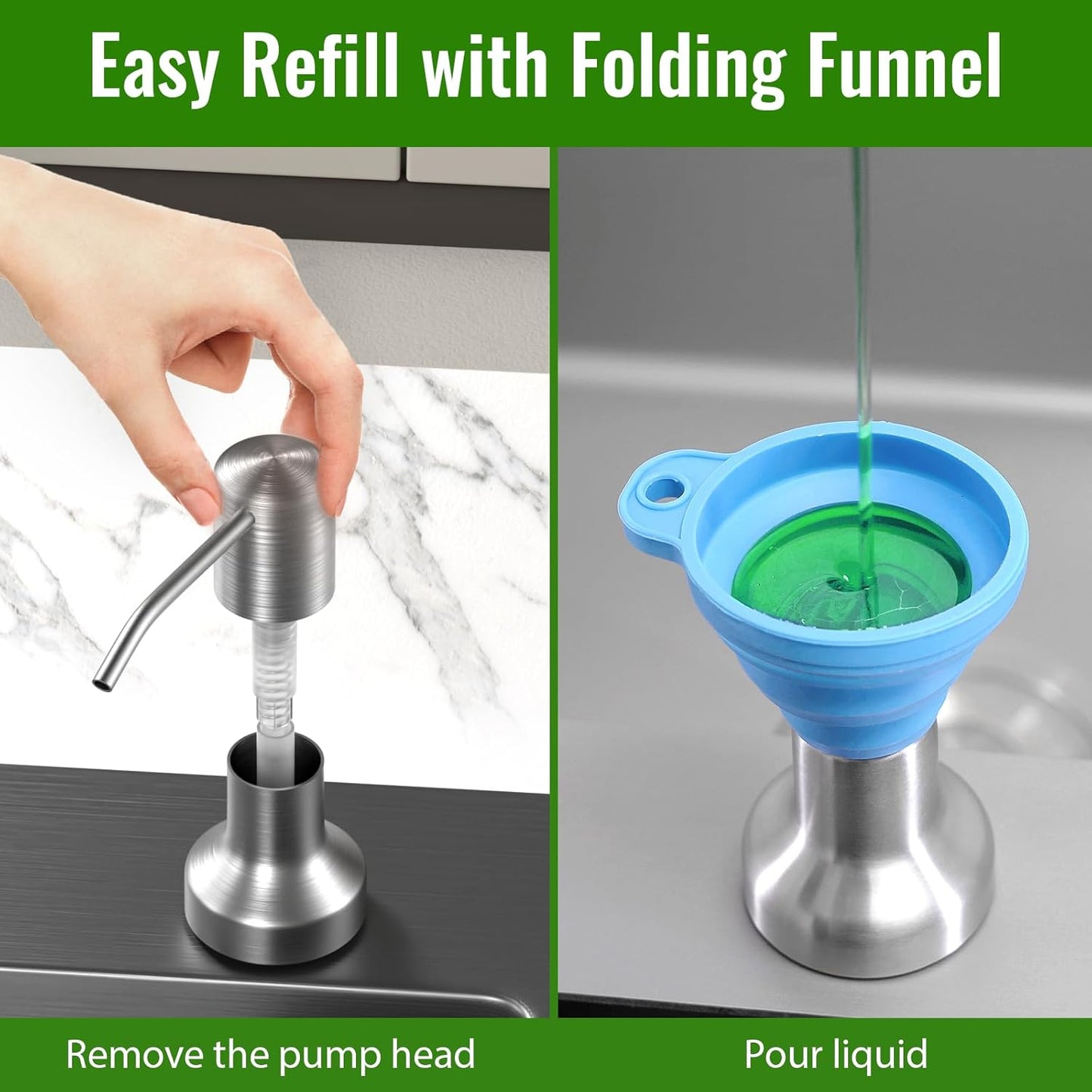 Soap Dispenser for Kitchen Sink, Kitchen Sink Soap Dispenser with 17 OZ Bottle, Refill from The Top Bar, Longer Threaded Shaft Shank, Wide Pump Head Base (Brushed Nickel)