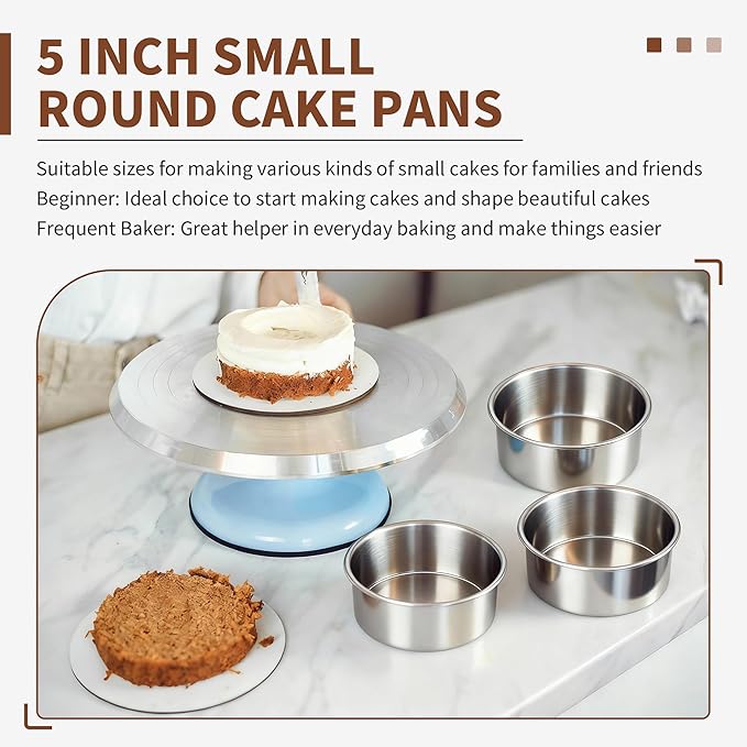 TeamFar 5 Inch Cake Pan Set of 4, Stainless Steel Small Layer Cake Baking Pans Tins, Round Bakeware for Birthday Wedding Party, Non-Toxic & Healthy, Mirror Finish & Dishwasher Safe